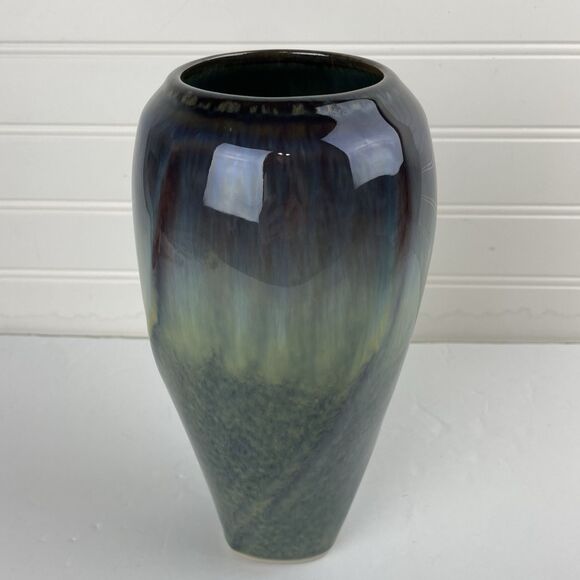 Vintage Bill Campbell Art Pottery Purple Blue Drip Glaze Twist Vase 9” Vessel - Picture 2 of 6